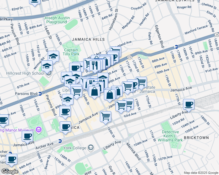 map of restaurants, bars, coffee shops, grocery stores, and more near 166-26 89th Avenue in Queens