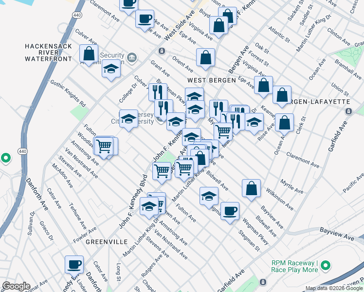 map of restaurants, bars, coffee shops, grocery stores, and more near 2026 John F. Kennedy Boulevard in Jersey City