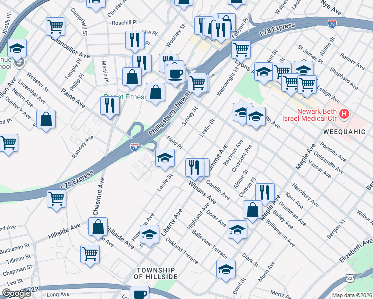 map of restaurants, bars, coffee shops, grocery stores, and more near 477 Leslie Street in Newark