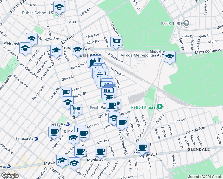 map of restaurants, bars, coffee shops, grocery stores, and more near 61-23 Woodbine Street in Queens