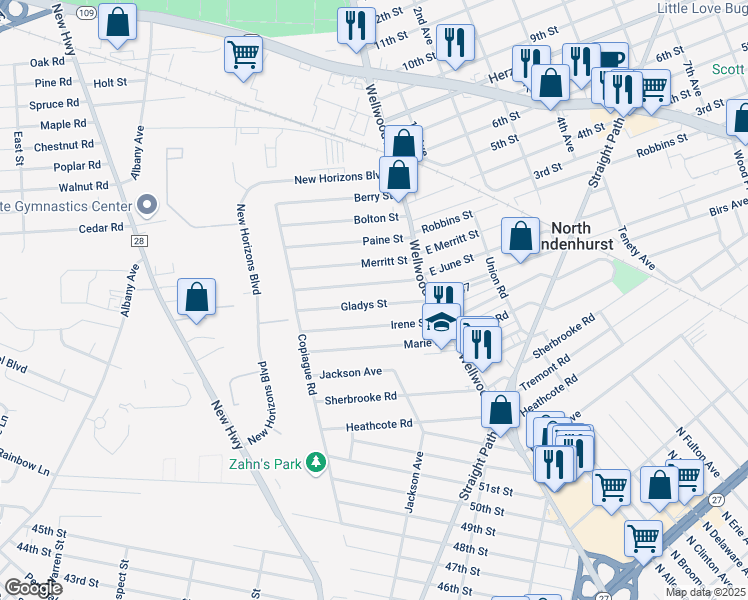 map of restaurants, bars, coffee shops, grocery stores, and more near 30 June Street in Lindenhurst
