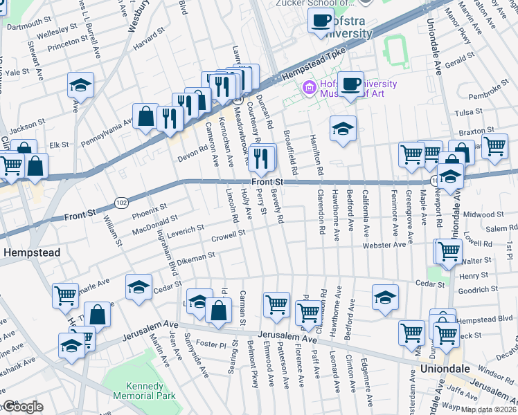 map of restaurants, bars, coffee shops, grocery stores, and more near 27 Perry Street in Hempstead