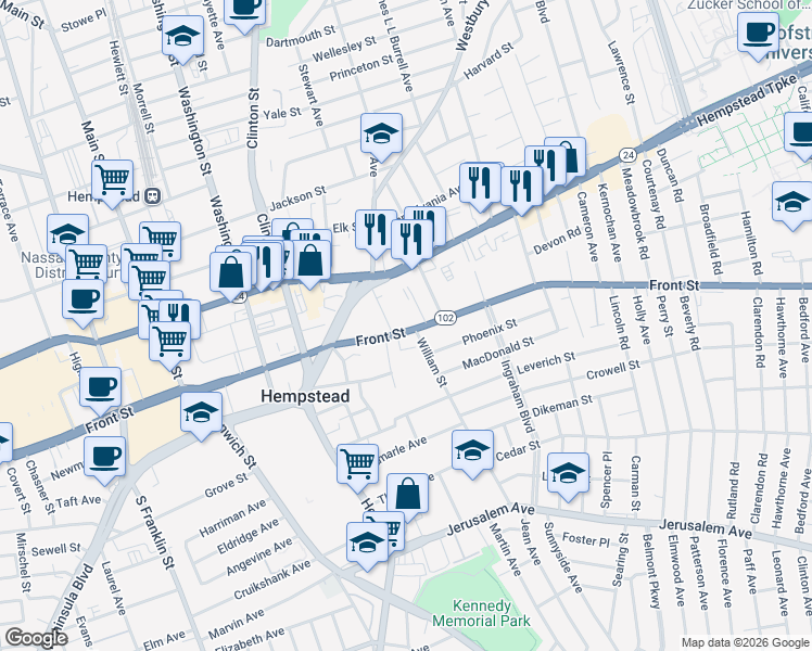 map of restaurants, bars, coffee shops, grocery stores, and more near 16 Attorney Street in Hempstead