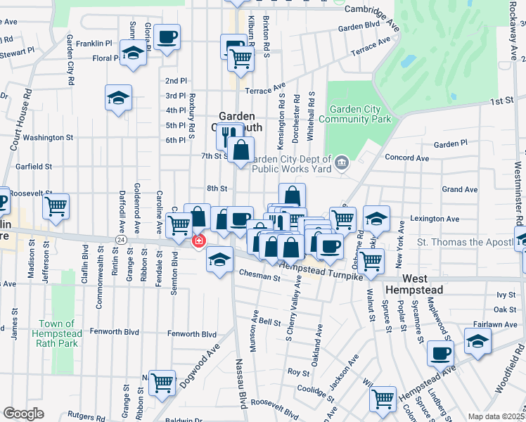 map of restaurants, bars, coffee shops, grocery stores, and more near 64 Brixton Road South in West Hempstead