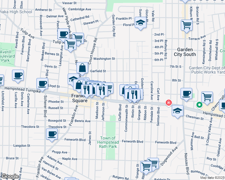 map of restaurants, bars, coffee shops, grocery stores, and more near 53 Lincoln Road in Franklin Square