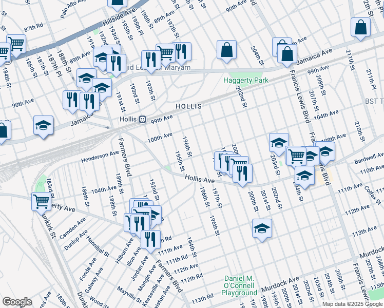 map of restaurants, bars, coffee shops, grocery stores, and more near 100-41 196th Street in Queens