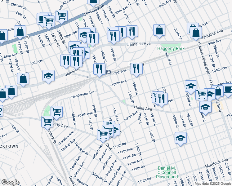 map of restaurants, bars, coffee shops, grocery stores, and more near 192-25 Hollis Avenue in Queens