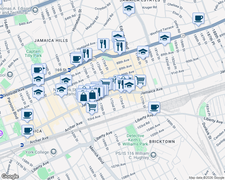 map of restaurants, bars, coffee shops, grocery stores, and more near 91-03 172nd Street in Queens