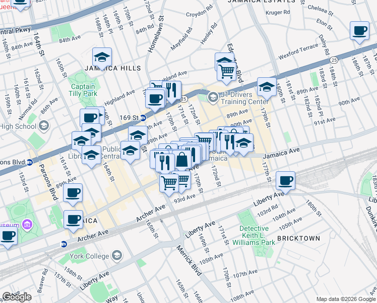 map of restaurants, bars, coffee shops, grocery stores, and more near 90-16 171st Street in Queens