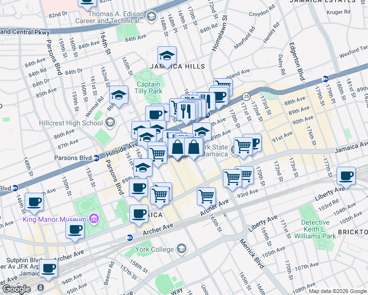 map of restaurants, bars, coffee shops, grocery stores, and more near 88-05 Merrick Boulevard in Queens