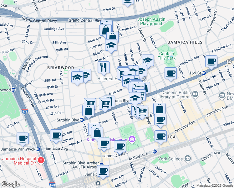 map of restaurants, bars, coffee shops, grocery stores, and more near 150-35 87th Avenue in Queens