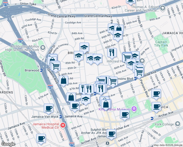 map of restaurants, bars, coffee shops, grocery stores, and more near 85-86 148th Street in Queens