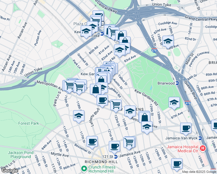 map of restaurants, bars, coffee shops, grocery stores, and more near 84-15 Cuthbert Road in Queens