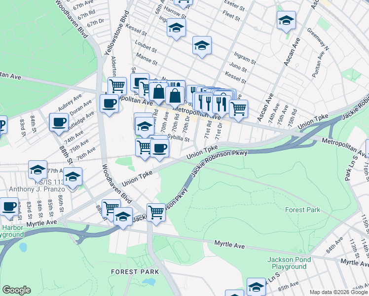 map of restaurants, bars, coffee shops, grocery stores, and more near 70-42 Sybilla Street in Queens