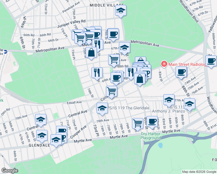 map of restaurants, bars, coffee shops, grocery stores, and more near 69-44 79th Street in Queens
