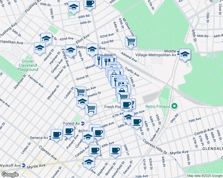 map of restaurants, bars, coffee shops, grocery stores, and more near 60-61 Palmetto Street in Queens