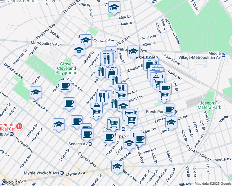 map of restaurants, bars, coffee shops, grocery stores, and more near in Queens