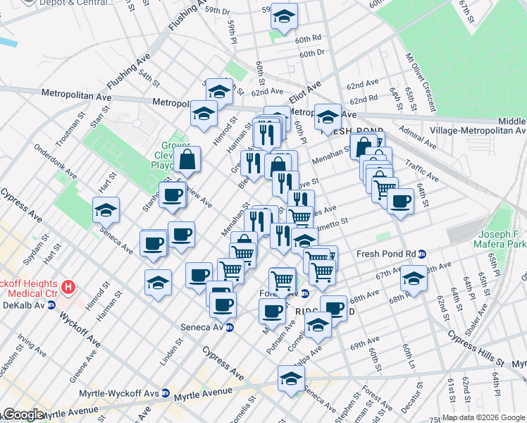map of restaurants, bars, coffee shops, grocery stores, and more near 21-12 Grove Street in Queens