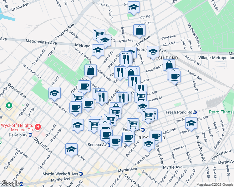 map of restaurants, bars, coffee shops, grocery stores, and more near 20-32 Menahan Street in Queens