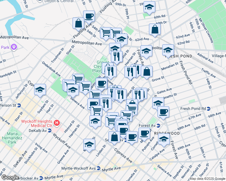 map of restaurants, bars, coffee shops, grocery stores, and more near 19-31 Greene Avenue in Queens