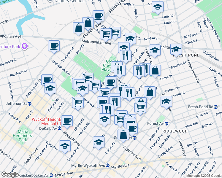 map of restaurants, bars, coffee shops, grocery stores, and more near 19-12 Himrod Street in Queens