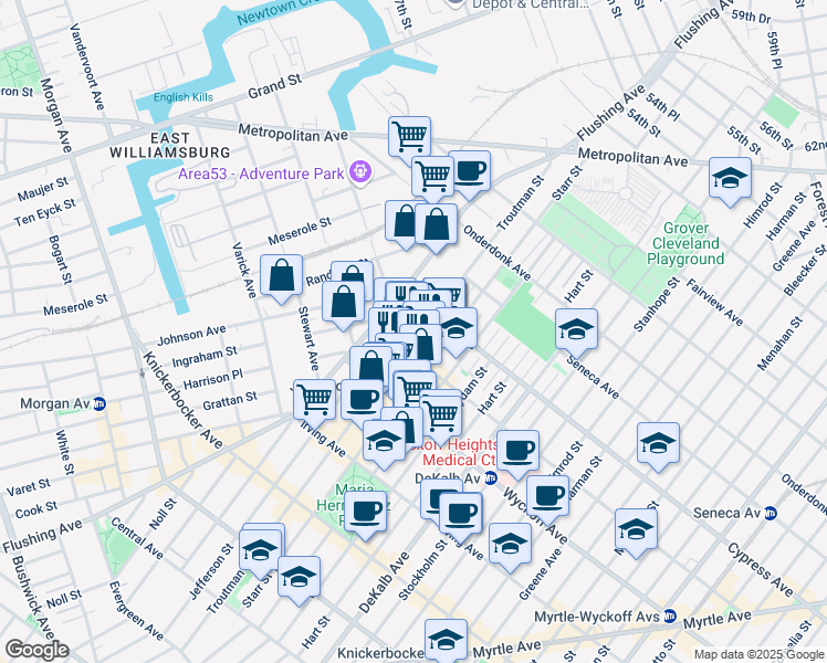 map of restaurants, bars, coffee shops, grocery stores, and more near 10 Cypress Avenue in Brooklyn