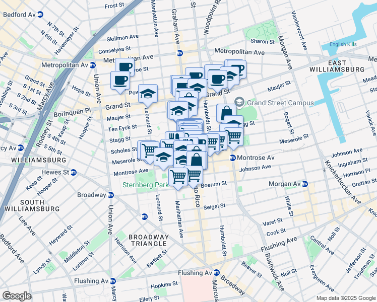 map of restaurants, bars, coffee shops, grocery stores, and more near 142 Scholes Street in Brooklyn