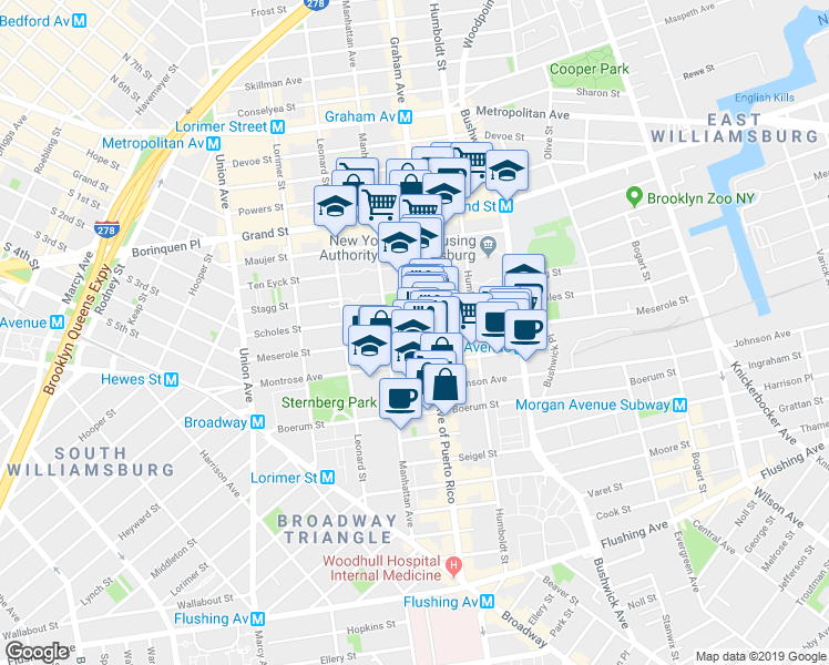 map of restaurants, bars, coffee shops, grocery stores, and more near 142 Scholes Street in Brooklyn