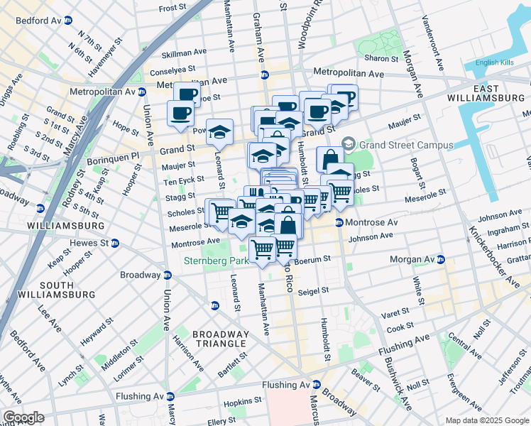 map of restaurants, bars, coffee shops, grocery stores, and more near 142 Scholes Street in Brooklyn