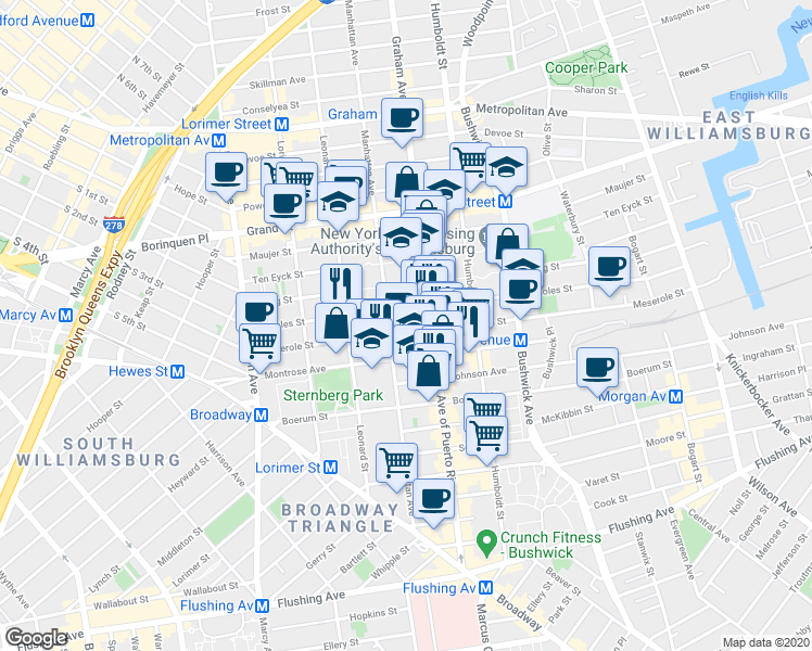 map of restaurants, bars, coffee shops, grocery stores, and more near 142 Scholes Street in Brooklyn