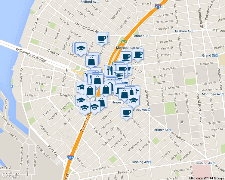 map of restaurants, bars, coffee shops, grocery stores, and more near in Brooklyn