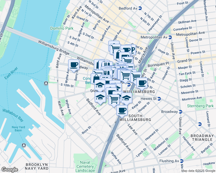 map of restaurants, bars, coffee shops, grocery stores, and more near 311 Roebling Street in Brooklyn