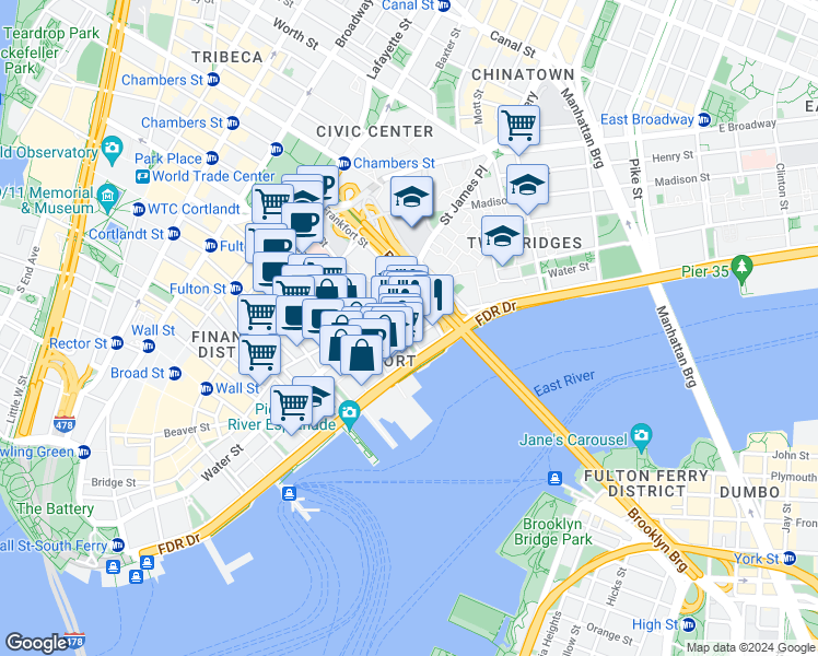 map of restaurants, bars, coffee shops, grocery stores, and more near 273 Water Street in Brooklyn