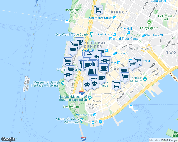 map of restaurants, bars, coffee shops, grocery stores, and more near 100 Washington Street in New York