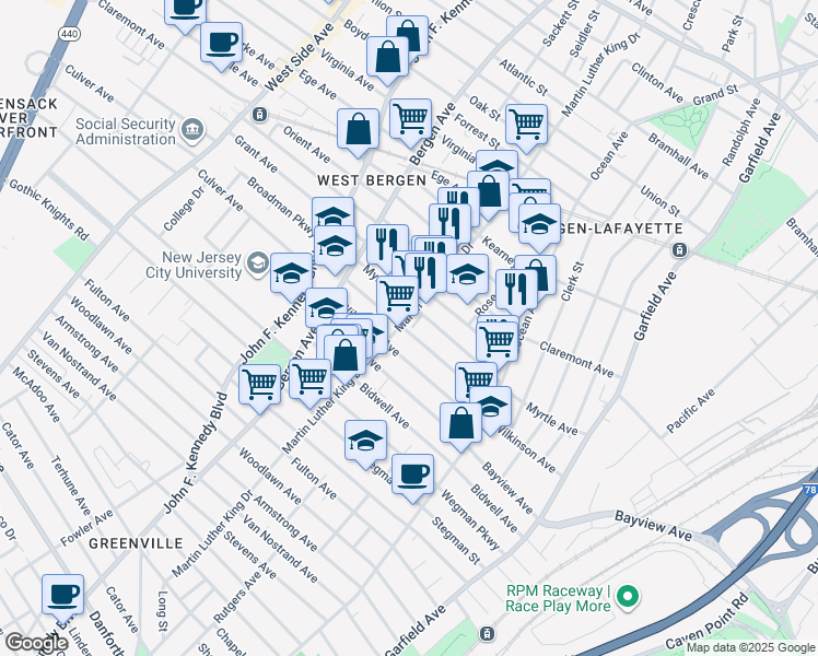 map of restaurants, bars, coffee shops, grocery stores, and more near in Jersey City