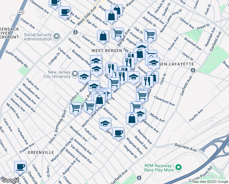 map of restaurants, bars, coffee shops, grocery stores, and more near in Jersey City