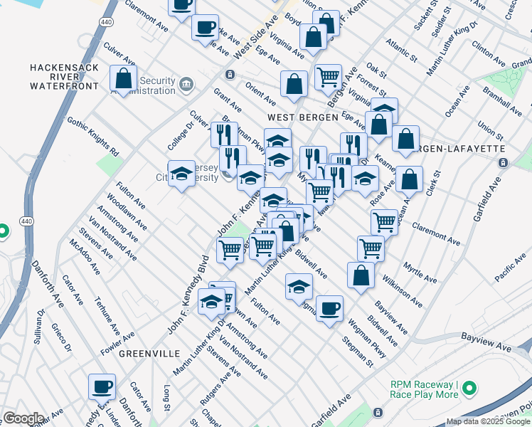 map of restaurants, bars, coffee shops, grocery stores, and more near 176 Bergen Avenue in Jersey City
