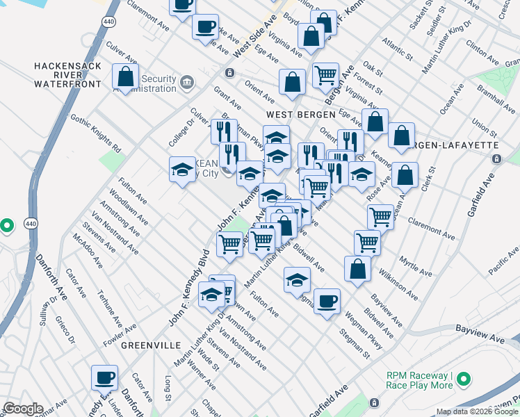 map of restaurants, bars, coffee shops, grocery stores, and more near 159 Bergen Avenue in Jersey City