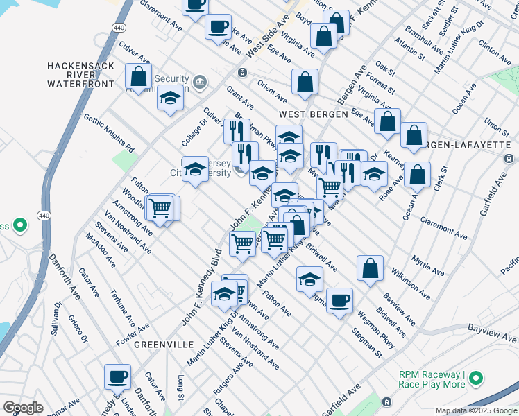 map of restaurants, bars, coffee shops, grocery stores, and more near 2026 John F. Kennedy Boulevard in Jersey City