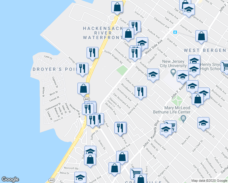 map of restaurants, bars, coffee shops, grocery stores, and more near 397 Armstrong Avenue in Jersey City