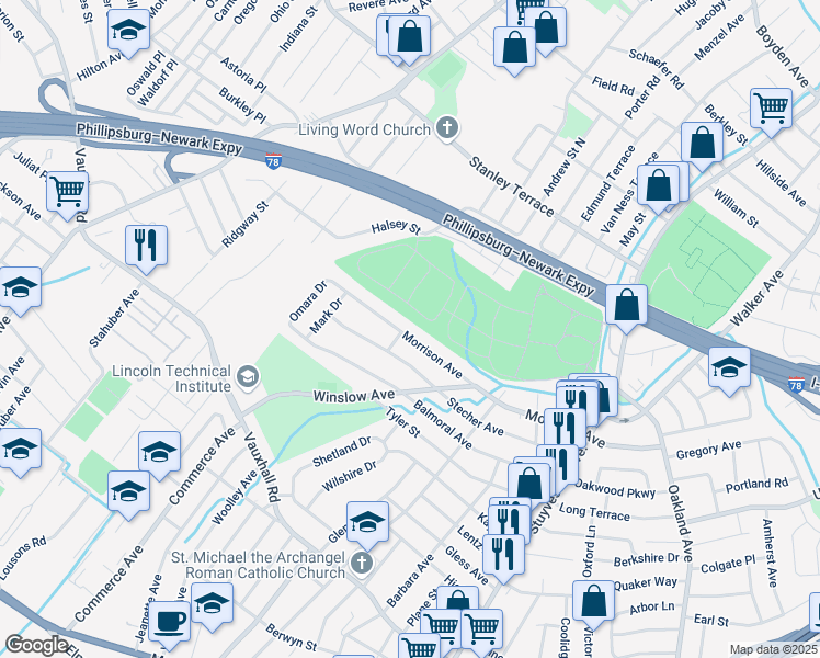 map of restaurants, bars, coffee shops, grocery stores, and more near 2225 Morrison Avenue in Union