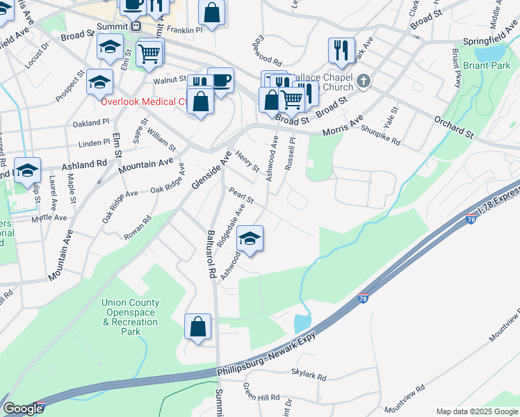 map of restaurants, bars, coffee shops, grocery stores, and more near 2 Ridgedale Avenue in Summit