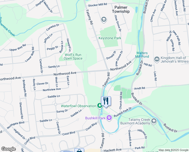 map of restaurants, bars, coffee shops, grocery stores, and more near 2324 Northwood Avenue in Easton