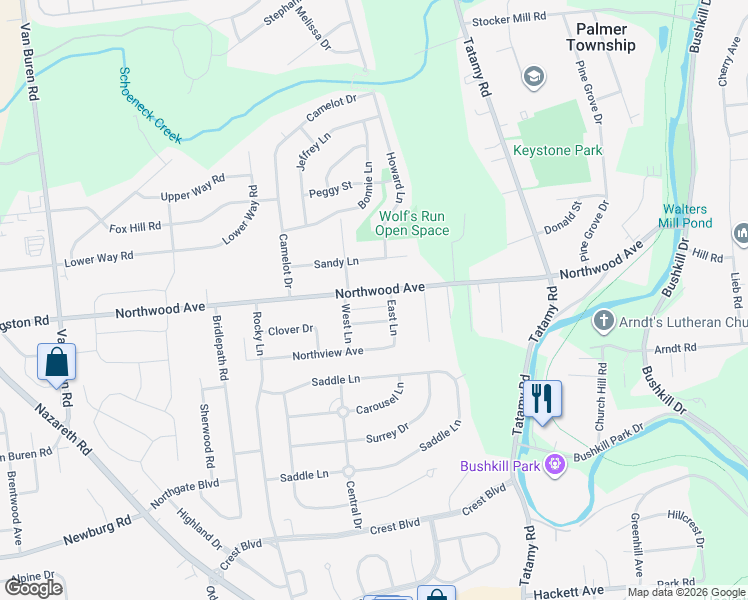 map of restaurants, bars, coffee shops, grocery stores, and more near 2513 Northwood Avenue in Easton