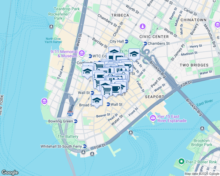 map of restaurants, bars, coffee shops, grocery stores, and more near 28 Liberty Street in New York