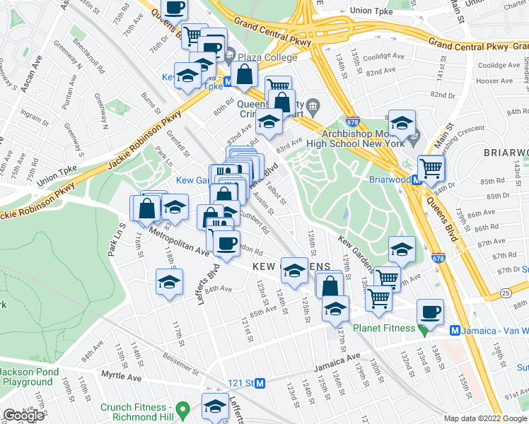 map of restaurants, bars, coffee shops, grocery stores, and more near 33 Austin Street in Queens
