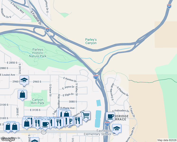 map of restaurants, bars, coffee shops, grocery stores, and more near 3391 East Larchmont Drive in Salt Lake City