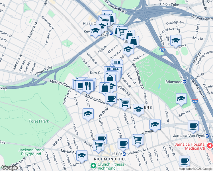 map of restaurants, bars, coffee shops, grocery stores, and more near 120-24 83rd Avenue in Queens