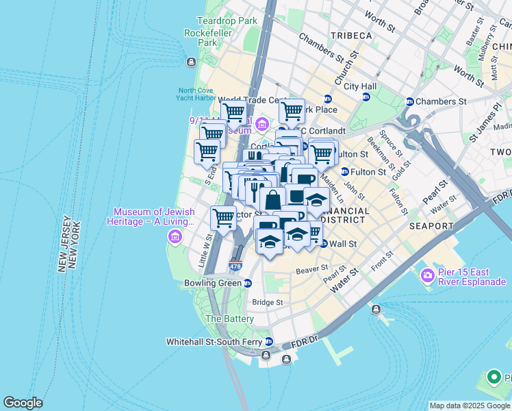 map of restaurants, bars, coffee shops, grocery stores, and more near 74 Trinity Place in New York