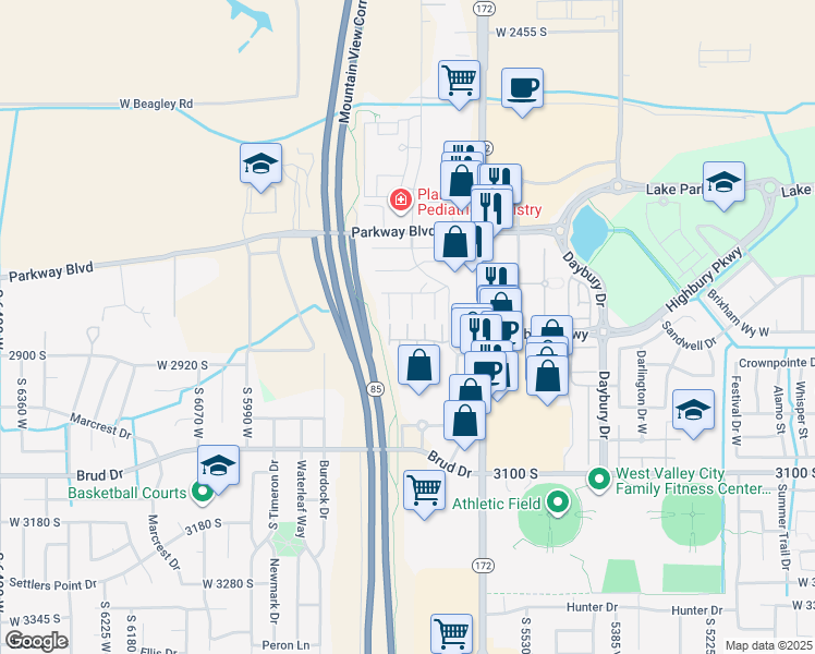 map of restaurants, bars, coffee shops, grocery stores, and more near 2858 Kinsey Court in West Valley City